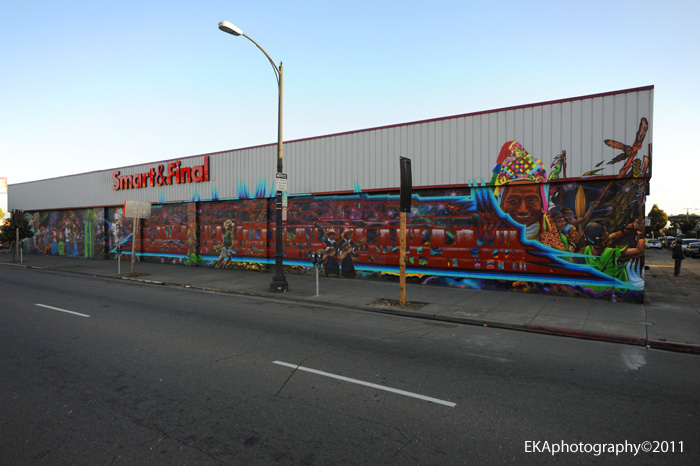 CRP's 'Peace and Dignity' mural on a Smart & Final building on Int'l Blvd in the tagging-plagued Fruitvale district" has remained untouched for three years.
