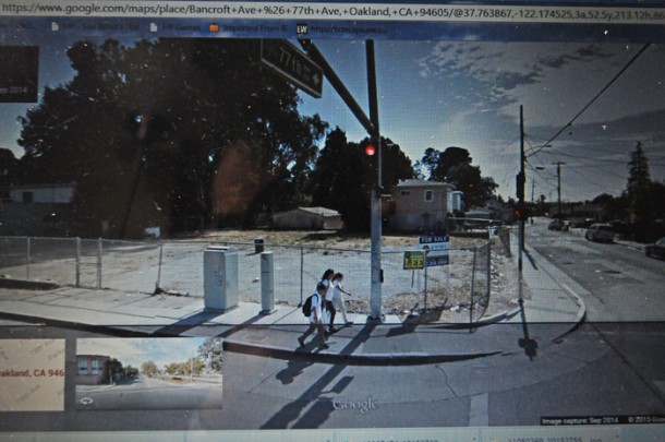 This Google Earth screenshot of 77th and Bancroft shows no evidence of a permanent art installation.