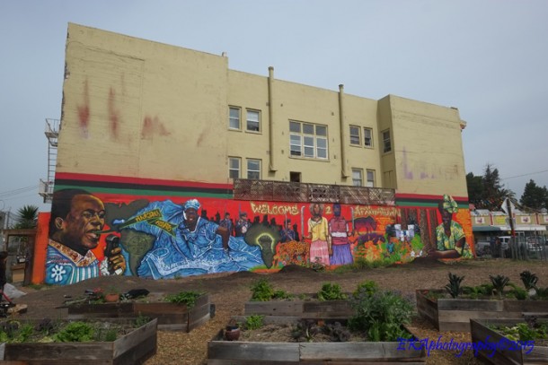 The "Welcome 2 Afrikatown" mural shows the integration of public art with a community garden
