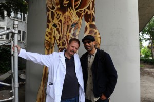 "Giraphics artist Dan Fontes with CRP Communications and Policy Director Eric Arnold. (Anya deMarie/Oakulture)